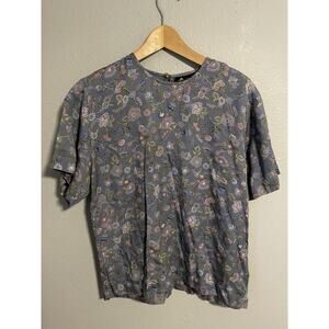 Vintage Liz Sport Womens Top Medium Blue Floral Rayon Short Sleeve Cottagecore